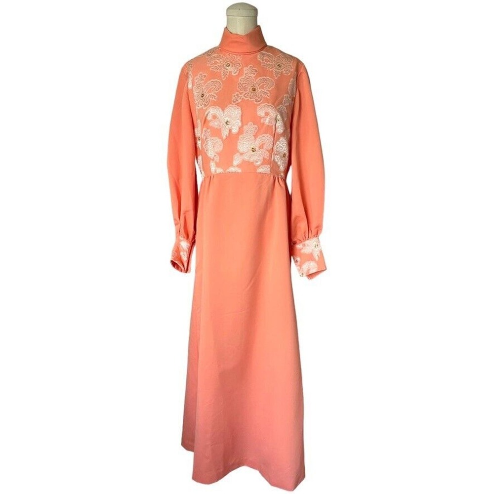Vintage 60s 70s Peach Orange Maxi Dress Long Puff Sleeve Embroidered Floral Gown